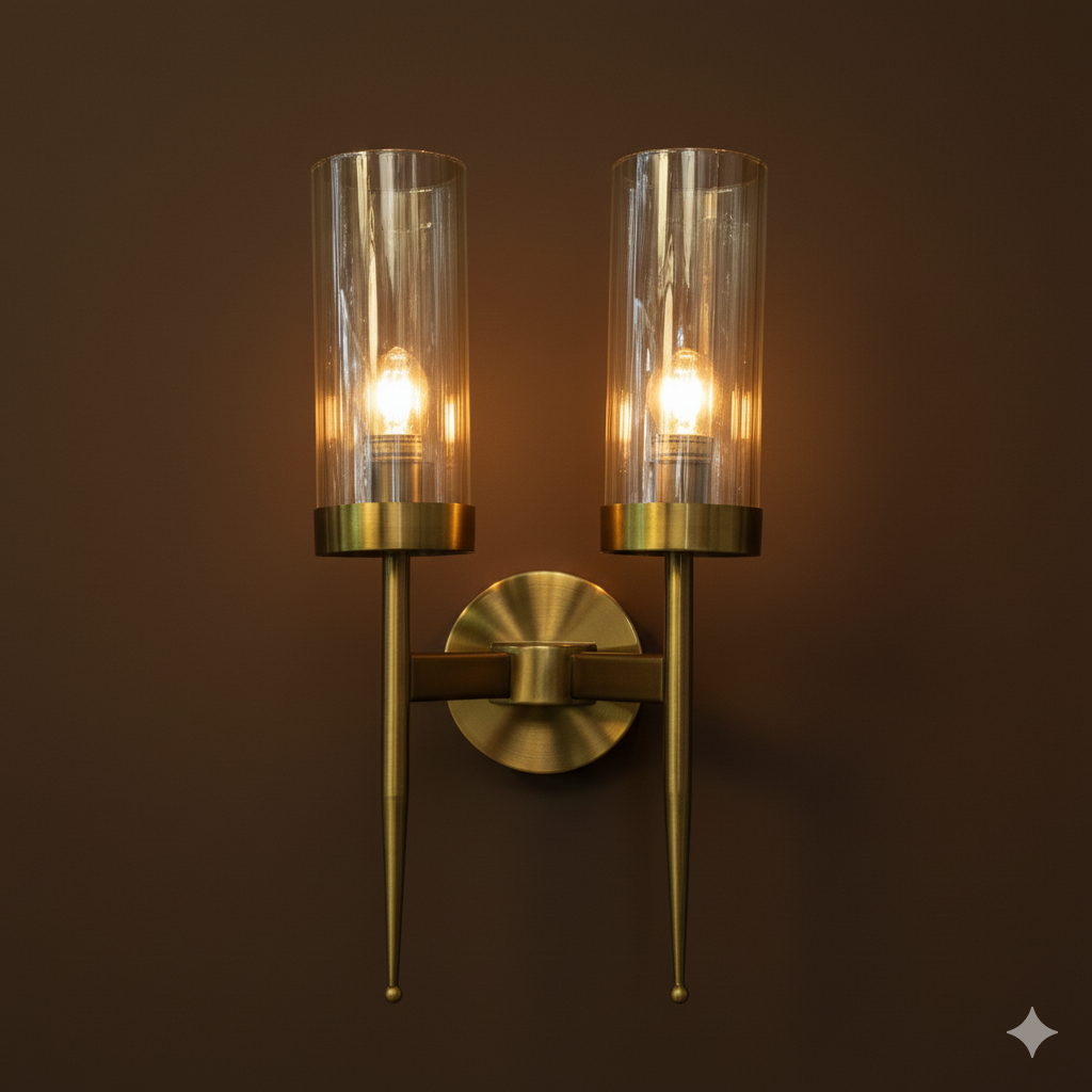 TwinLuminaCyl Gold Wall Light | Double Cylinder Glass Sconce | Modern Luxury Wall Lamp for Bedroom & Living Room